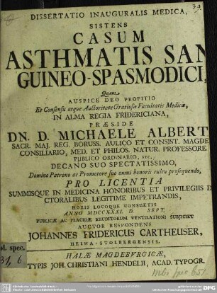 Dissertatio Inauguralis Medica, Sistens Casum Asthmatis Sanguineo-Spasmodici