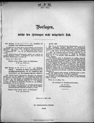 Anlage: ad No.22 (261-262.), Vorlagen, welche den Zeitungen nicht mitgeteilt sind
