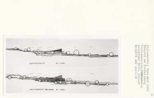 Theater am Teufelsberg, Berlin-Grunewald (Diplomarbeit bei Willy Kreuer): Hauptansicht von Süden und Hauptschnitt 1:200
