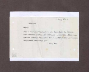 Telegramm von Prinz Max von Baden an Hermann Oncken; Baldige Abreise und Besuch eines Archivs