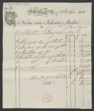 [Rechnung] Nota von Johann André : 13.11.1811