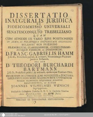 Dissertatio Inauguralis Juridica De Fideicommisso Universali Et Senatusconsulto Trebelliano