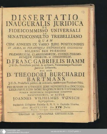 Dissertatio Inauguralis Juridica De Fideicommisso Universali Et Senatusconsulto Trebelliano