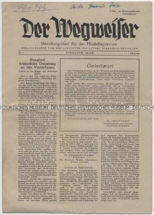 Erstausgabe der Monatszeitschrift des Sozialministeriums Nordrhein-Westfalen „Der Wegweiser“ mit einem Geleitwort des Sozialministers Rudolf Amelunxen