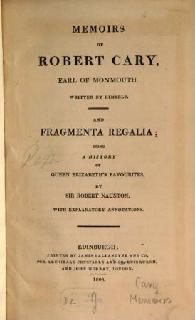 Memoirs of Robert Cary Earl of Monmouth