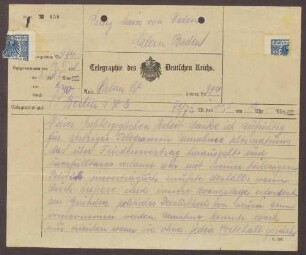 Telegramm von Walter Simons an Prinz Max von Baden; Erklärung zum Rücktritt als Reichsaußenminister