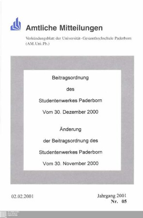 Beitragsordnung des Studentenwerkes Paderborn : vom 30. Dezember 2000