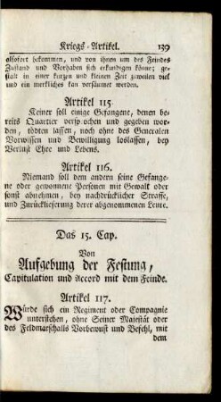 Das 15. Cap. Von Aufgebung der Festung, Capitulation und Accord mit dem Feinde