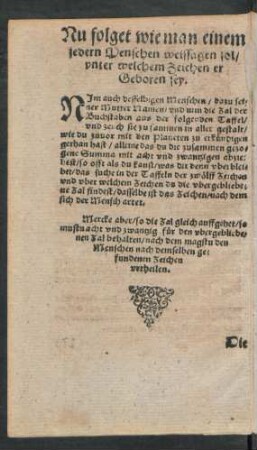 Nu folget wie man einem jedem Menschen weissagen sol/ unter welchem Zeichen er Geboren sey.