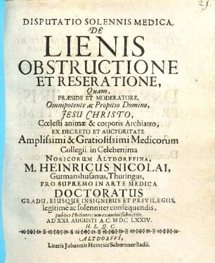 Disputatio Solennis Medica, De Lienis Obstructione Et Reseratione