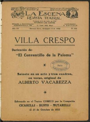 Villa Crespo : derivación de"El conventillo de la paloma" ; sainete en un acto y tres cuadros, en verso