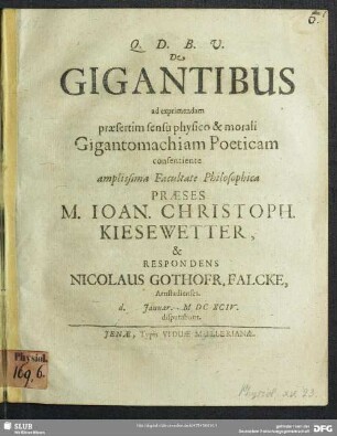 De Gigantibus ad exprimendam praesertim sensu physico & morali Gigantomachiam Poeticam