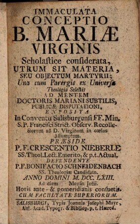 Immaculata conceptio B. Mariae Virginis scholastice considerata, utrum sit materia, seu obiectum martyrii