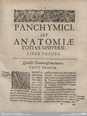 Panchymici seu anatomiae totius universi. Liber Primus sequentia tractat capita.