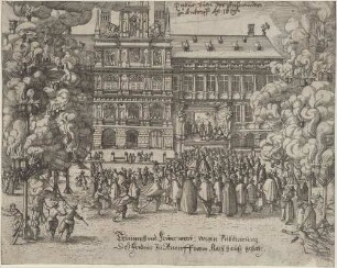 Triumph und Feuerwerck wegen Publicirung/ Deß Fridens zu Antorff vorm Rathhauß gehalt.