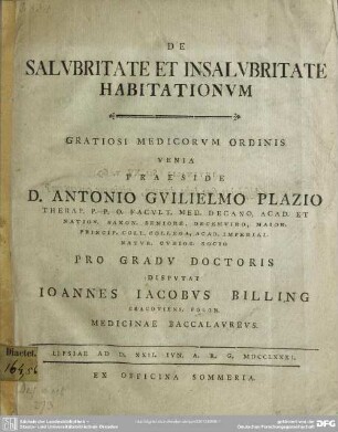 De Salubritate Et Insalubritate Habitationum : Gratiosi Medicorum Ordinis Venia