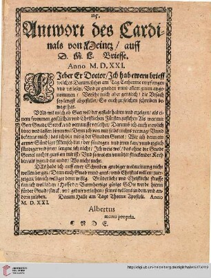 Antwort des Cardinals von Meintz auff D. M. L. [Martin Luthers] Brieffe, 1521