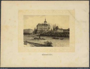 Das Schloss Hirschstein zwischen Meißen und Riesa von Nordosten über die Elbe gesehen, aus dem Album der Rittergüter und Schlösser im Königreiche Sachsen