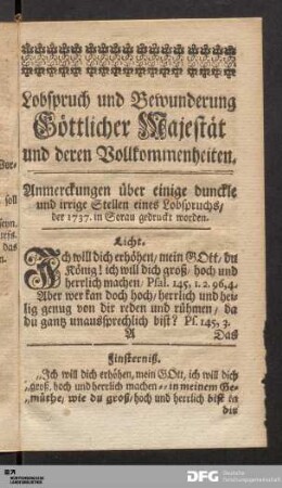 Lobspruch und Bewunderung Göttlicher Majestät und deren Vollkommenheiten.