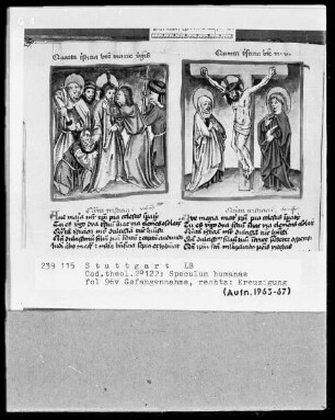 Zwei Schriften — Speculum humanae salvationis — Textseite mit zwei Miniaturen, Folio 96verso