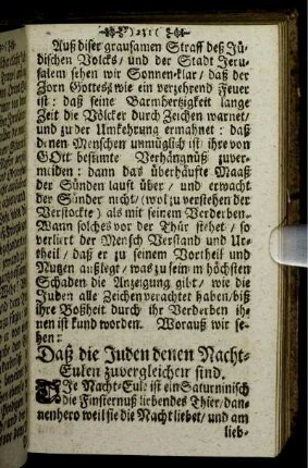 Daß die Juden denen Nacht-Eulen zuvergleichen sind.