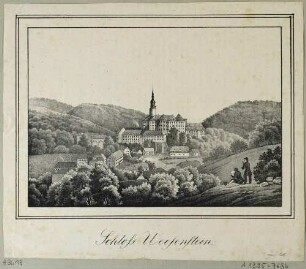 Schloss Weesenstein über dem Müglitztal (Müglitztal-Weesenstein) südöstlich von Dresden, Blick vom Abendfrieden nach Süden