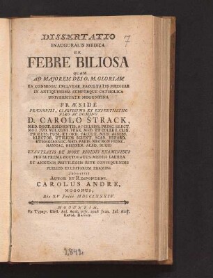 Dissertatio Inauguralis Medica De Febre Biliosa