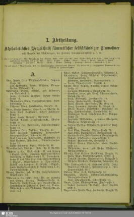 I. Abtheilung. Einwohnerverzeichnis : I. Abtheilung. Alphabetisches Verzeichniß sämmtlicher selbstständiger Einwohner