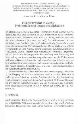 Funktionswörter in elexiko – Problemfälle und Lösungsmöglichkeiten