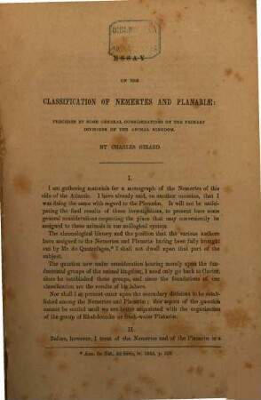 Essay on the Classification of Nemertes and Planariae: preceded by some general considerations on the primary divisions of the animal Kingdom