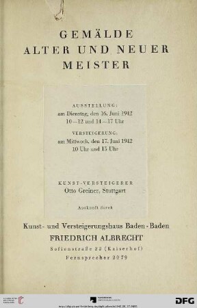 Gemälde alter und neuer Meister : Versteigerung am 17. Juni 1942