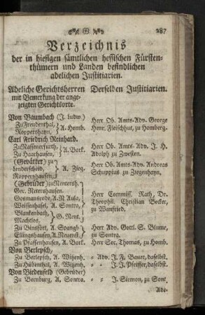Verzeichnis der in hiesigen saemtlichen hessischen Fuerstenthuemern und Landen befindlichen adelichen Justitiarien