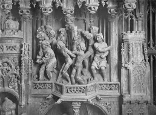 Schnitzaltar mit der Legende der beiden Heiligen Crispin und Crepinian