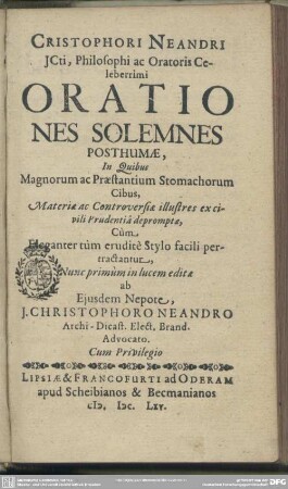 Christophori Neandri orationes solemnes posthumae ...