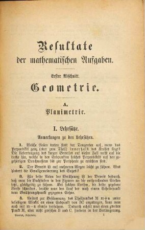 Mathematische Aufgaben zum Gebrauche in den obersten Klassen höherer Lehranstalten : aus den bei Reifeprüfungen an preußischen Gymnasien und Realgymnasien gestellten Aufgaben und mit Hinzufügung der Ergebnisse (II. Teil) zu einem Übungsbuche vereint, 2. Resultate