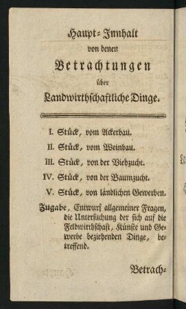 8v, Haupt-Inhalt von denen Betrachtungen über landwirtschaftliche Dinge.