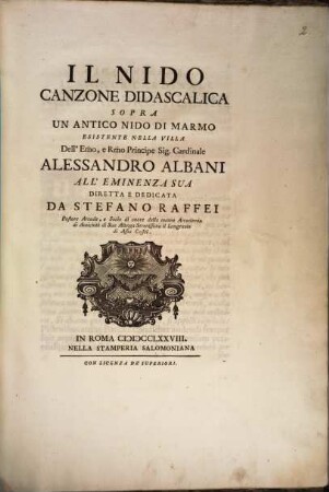 Il nido, canzone didascalica sopra un antico nido di marmo esistente nella villa del Card. Alessandro Albani