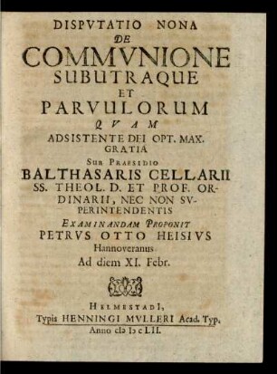 Disputatio Nona De Communione Subutraque Et Parvulorum