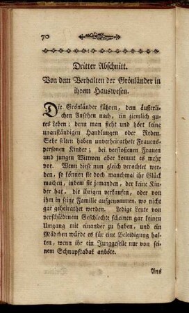 Dritter Abschnitt. Von dem Verhalten der Grönländer in ihrem Hauswesen.