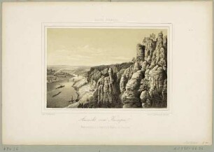 Die Aussicht vom Kanapee östlich der Basteibrücke bei Rathen in der Sächsischen Schweiz nach Westen entlang des Elbtales und der Basteifelsen
