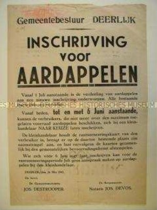 Maueranschlag mit dem Aufruf sich in Listen für den Bezug rationierter Lebensmittel (Kartoffeln) einzutragen