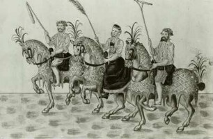 Contrafactur des Ringrennens unter Kurfürst August zur Fastnacht am 23.02.1574 im kurfürstlichen Schlosse zu Dresden. Blatt 52 S. 57, Doppelbild, linke Seite: Reiter mit Dreschflegel, Wedel und Rechen als Anführer des Schlittens mit dreschenden Bauern