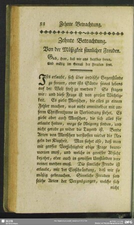 Zehnte Betrachtung. Von der Mäßigkeit sinnlicher Freuden