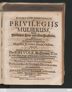 Dissertatio Inauguralis De Privilegiis Mulierum