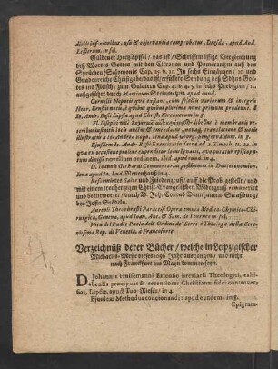 Verzeichnüß derer Bücher/ welche in Leipzigischer Michaelis-Messe dieses 1656 Jahr ausgangen/ und nicht nach Franckfurt am Main kommen seyn.