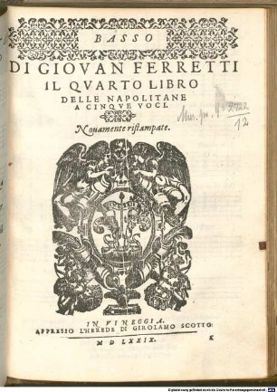 DI GIOVAN FERRETTI IL QVARTO LIBRO DELLE NAPOLITANE A CINQVE VOCI