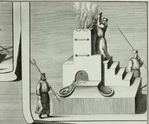 Die Maschinen und versetzten Ertzstuffen, so bey d. Bergmännischen Auffzug im Plauenschen grund, ohnweit Dressden mitgeführet nd getragen worden 26. September 1719, Deteil: Schmelzofen : Maschinen u. Erzstufen, 26.9.1719 (Saturnfest)