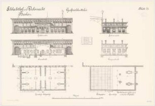 Schlachthof und Viehmarkt, Breslau Großviehkuttelei: Grundriss Erdgeschoss Sparrenlage, Querschnitt Längsschnitt Giebel- und Seitenansicht 1:100