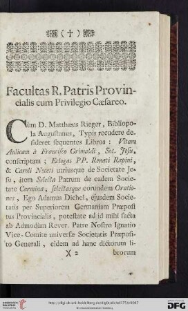 Facultas R. Patris Provincialis cum Privilegio Caesareo