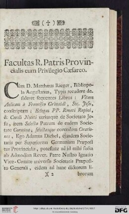 Facultas R. Patris Provincialis cum Privilegio Caesareo